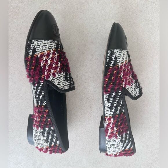 Chanel CC Logo Leather Cap Toe Multicolor Tweed Flat Loafers EU 38 US 7-7.5 - Picture 4 of 11